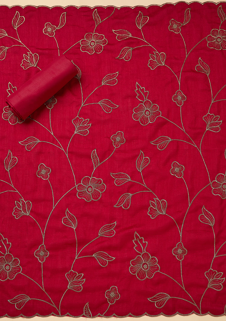 Rani Pink Soft Raw Silk Gold Zariwork Unstitched Dress Material With Matching Bottom And Dupatta