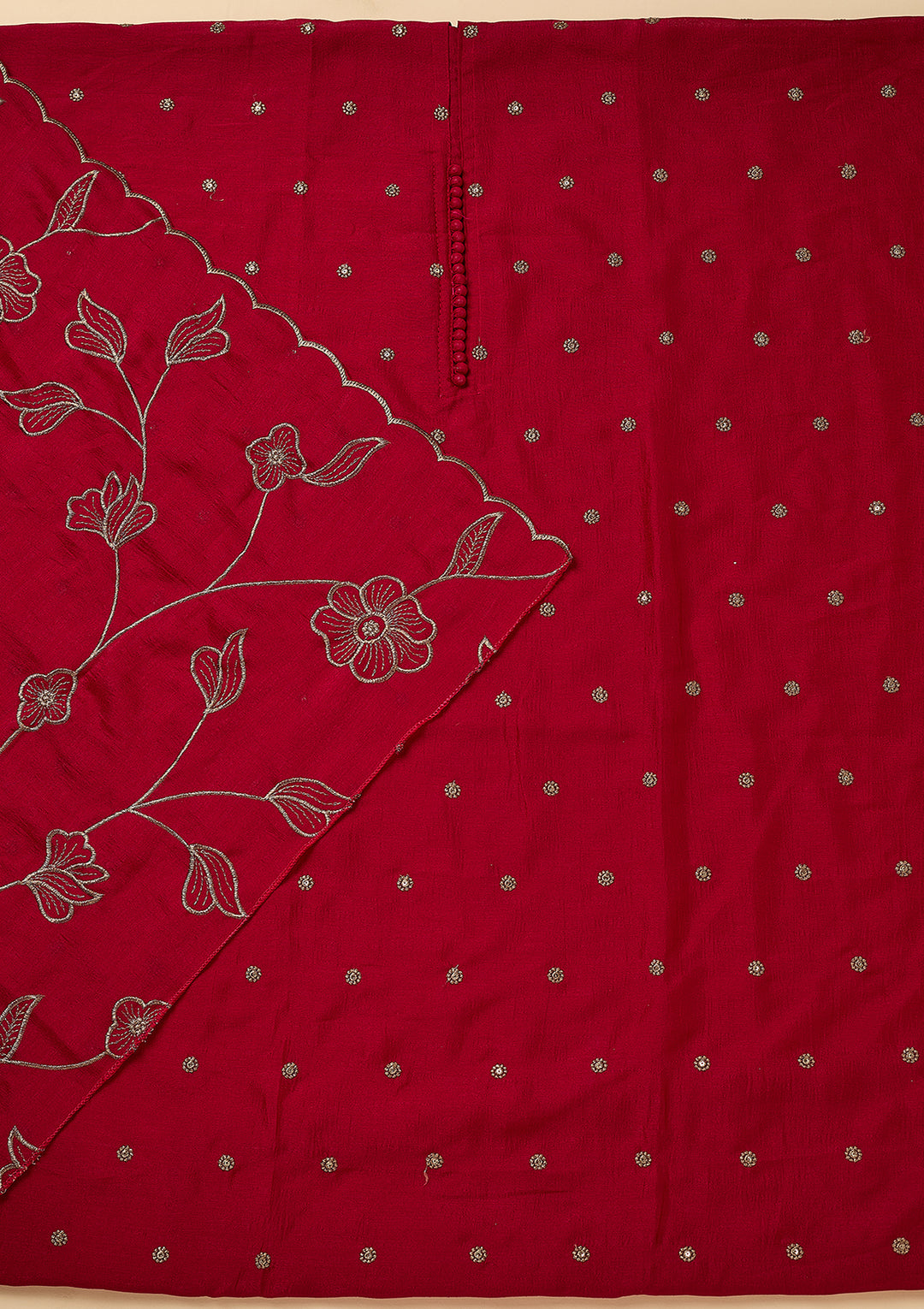 Rani Pink Soft Raw Silk Gold Zariwork Unstitched Dress Material With Matching Bottom And Dupatta