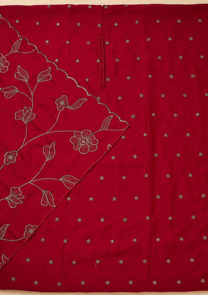 Rani Pink Soft Raw Silk Gold Zariwork Unstitched Dress Material With Matching Bottom And Dupatta