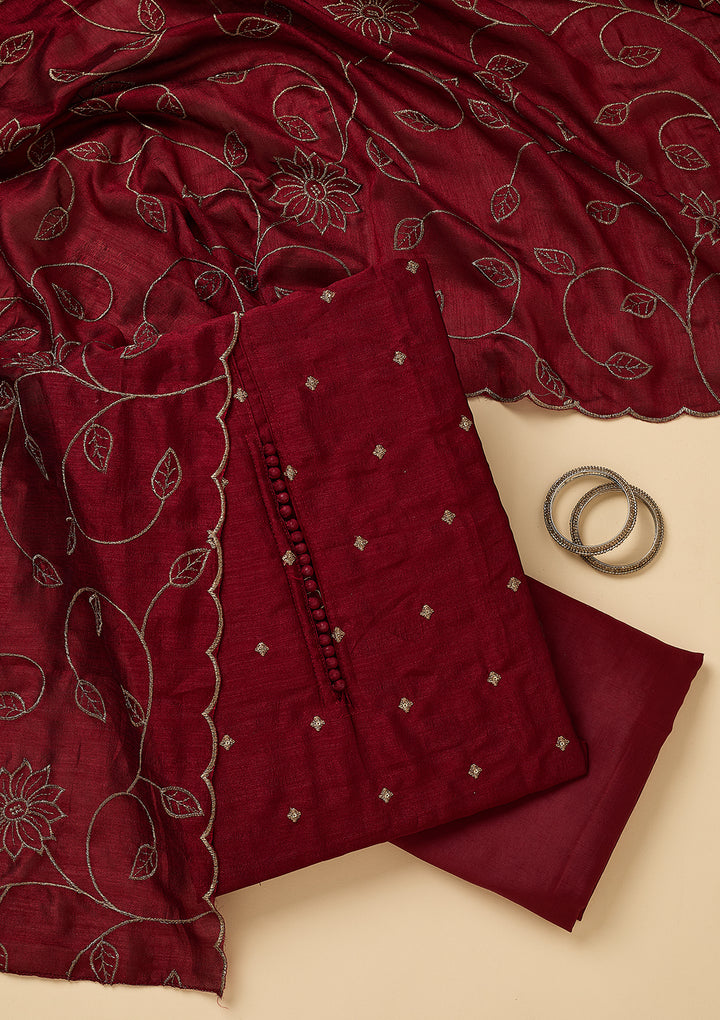 Maroon Soft Raw Silk Gold Zariwork Unstitched Dress Material With Matching Bottom And Dupatta