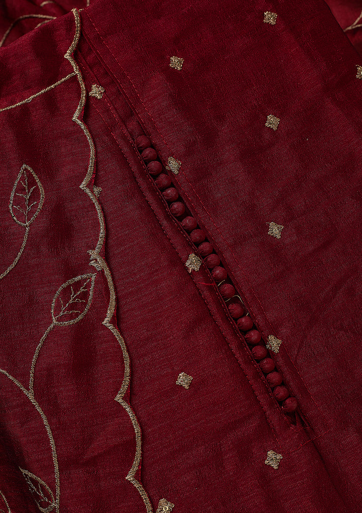 Maroon Soft Raw Silk Gold Zariwork Unstitched Dress Material With Matching Bottom And Dupatta