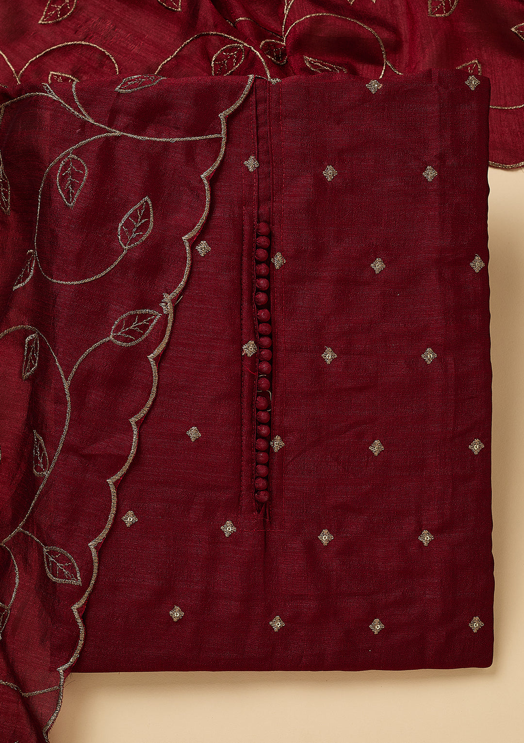 Maroon Soft Raw Silk Gold Zariwork Unstitched Dress Material With Matching Bottom And Dupatta