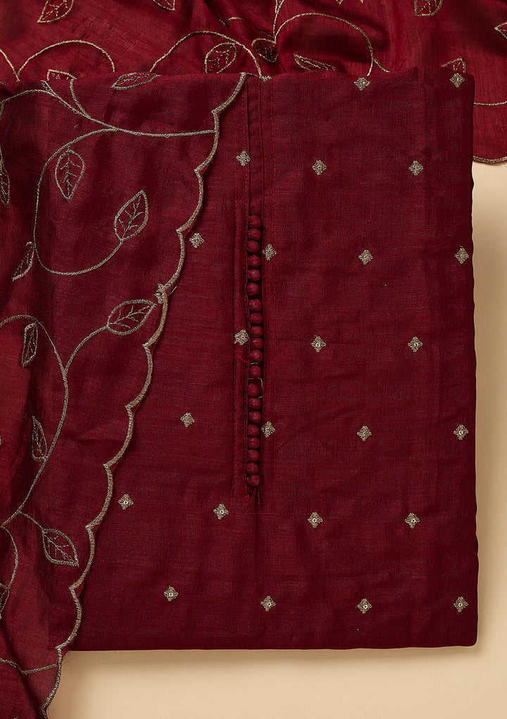 Maroon Soft Raw Silk Gold Zariwork Unstitched Dress Material With Matching Bottom And Dupatta