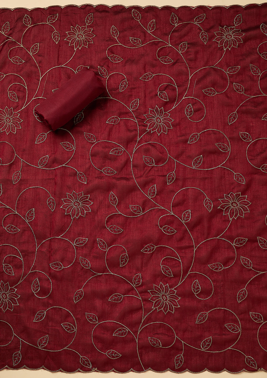 Maroon Soft Raw Silk Gold Zariwork Unstitched Dress Material With Matching Bottom And Dupatta