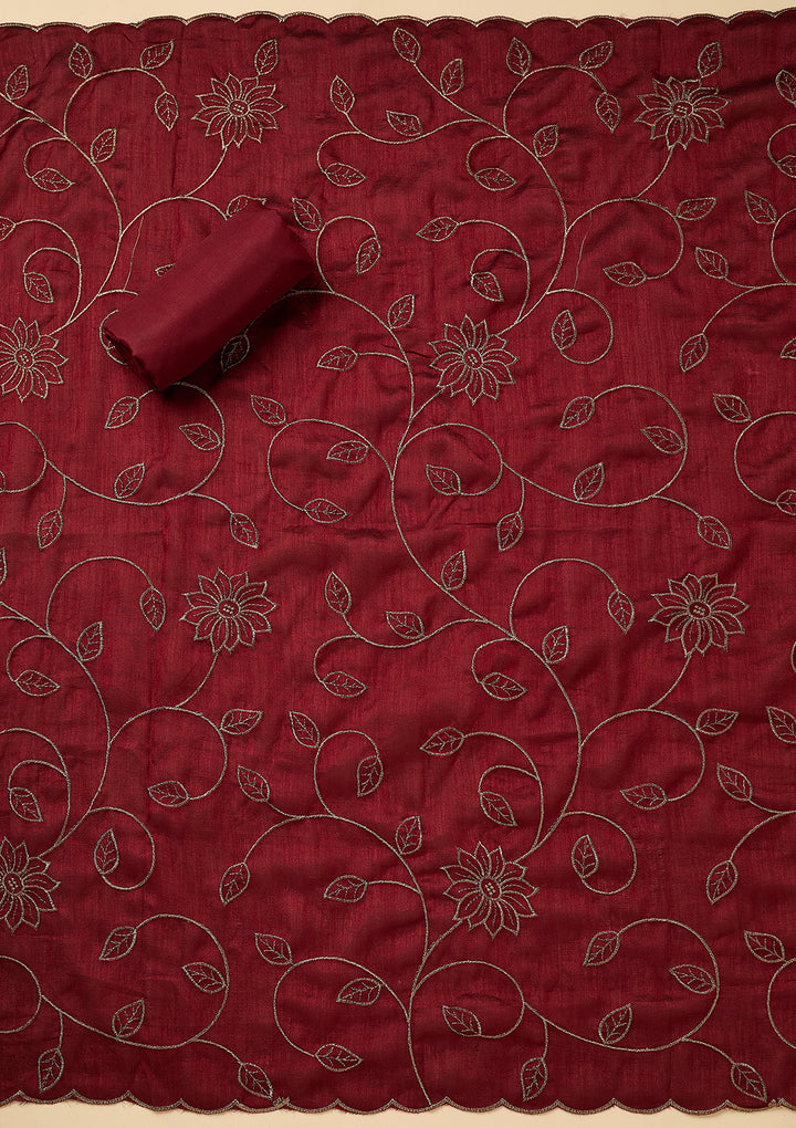 Maroon Soft Raw Silk Gold Zariwork Unstitched Dress Material With Matching Bottom And Dupatta