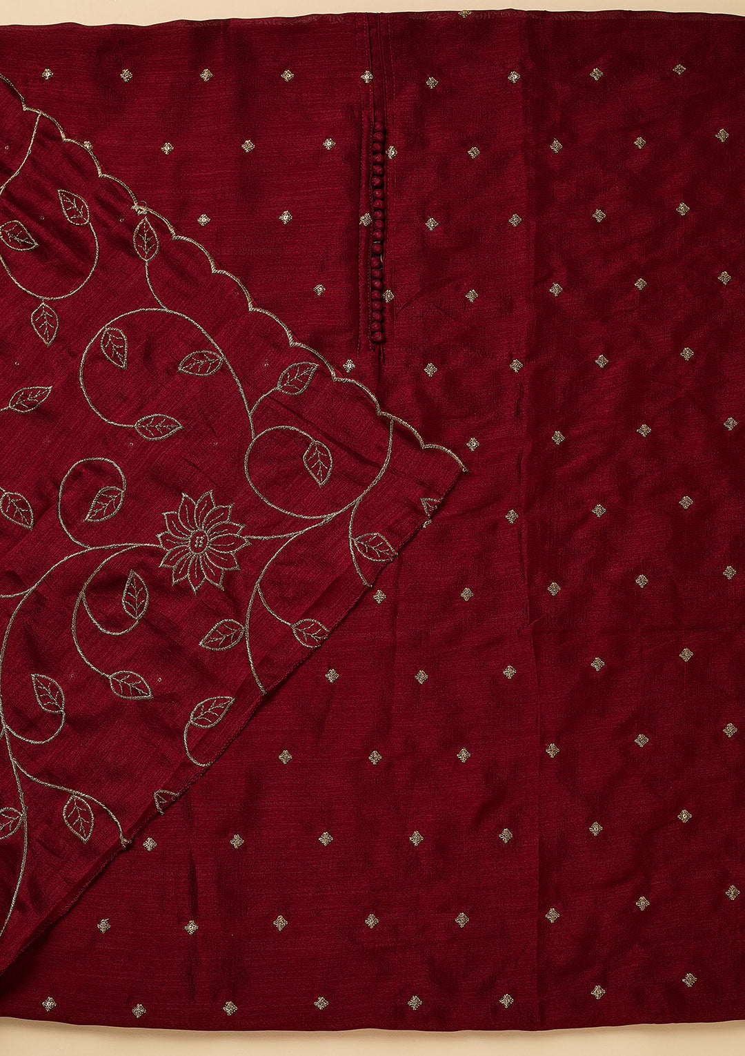 Maroon Soft Raw Silk Gold Zariwork Unstitched Dress Material With Matching Bottom And Dupatta