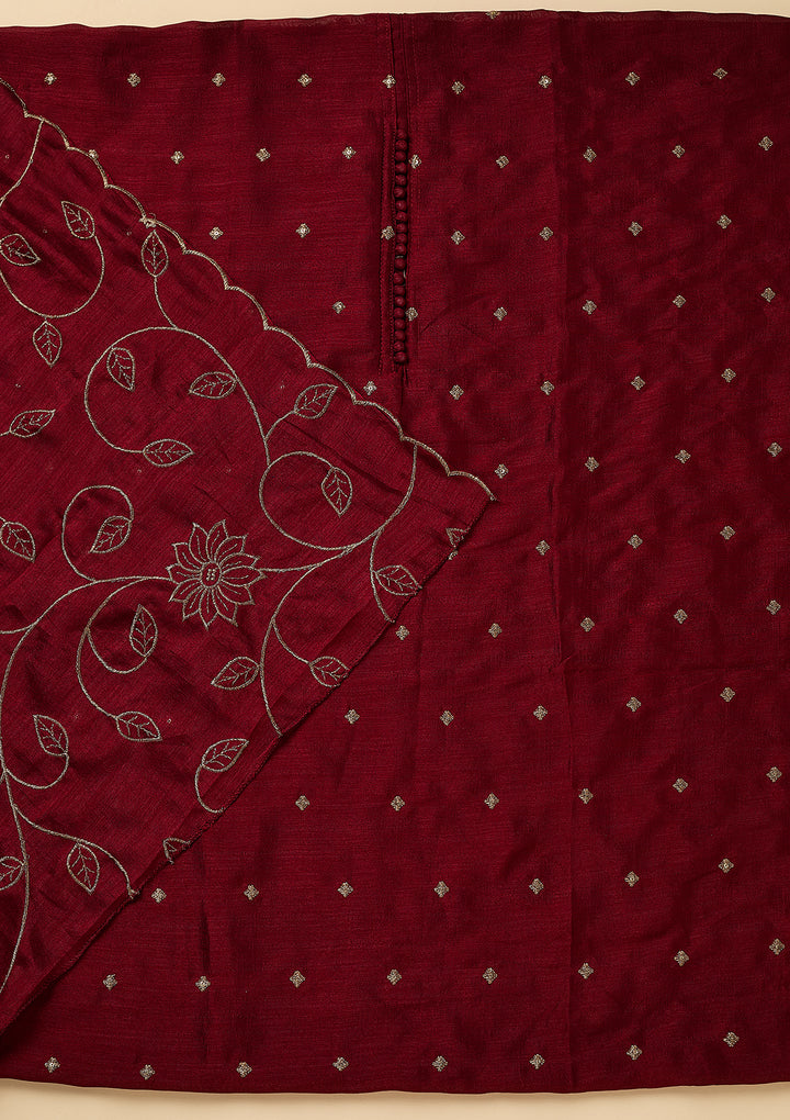 Maroon Soft Raw Silk Gold Zariwork Unstitched Dress Material With Matching Bottom And Dupatta