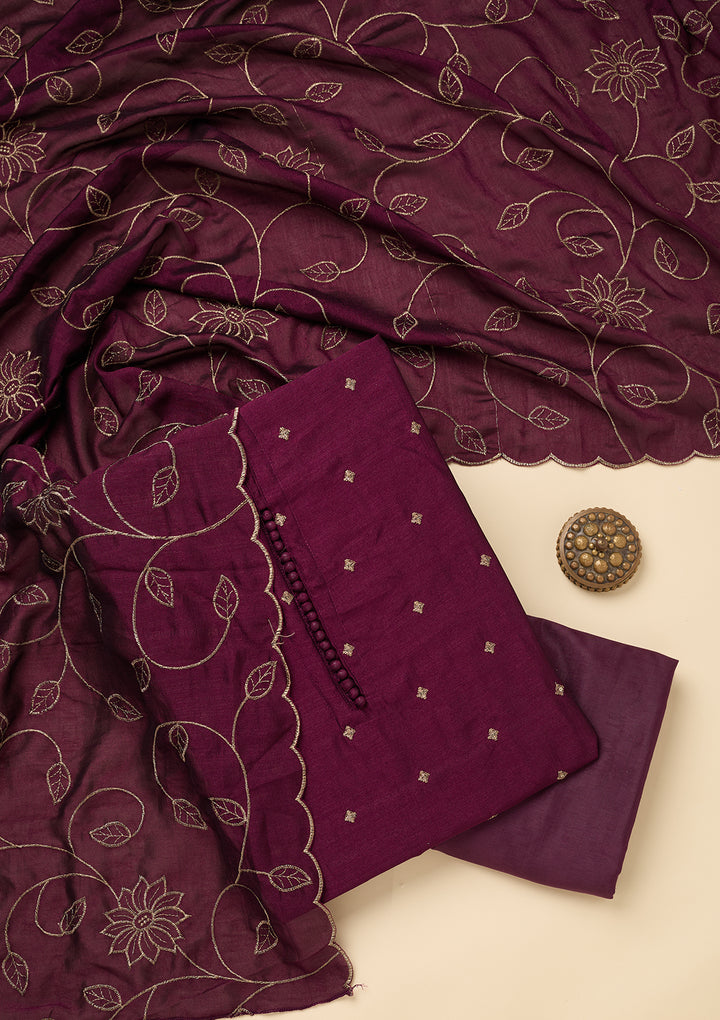Wine Zariwork (Gold) Soft Raw Silk Unstitched Salwar Suit