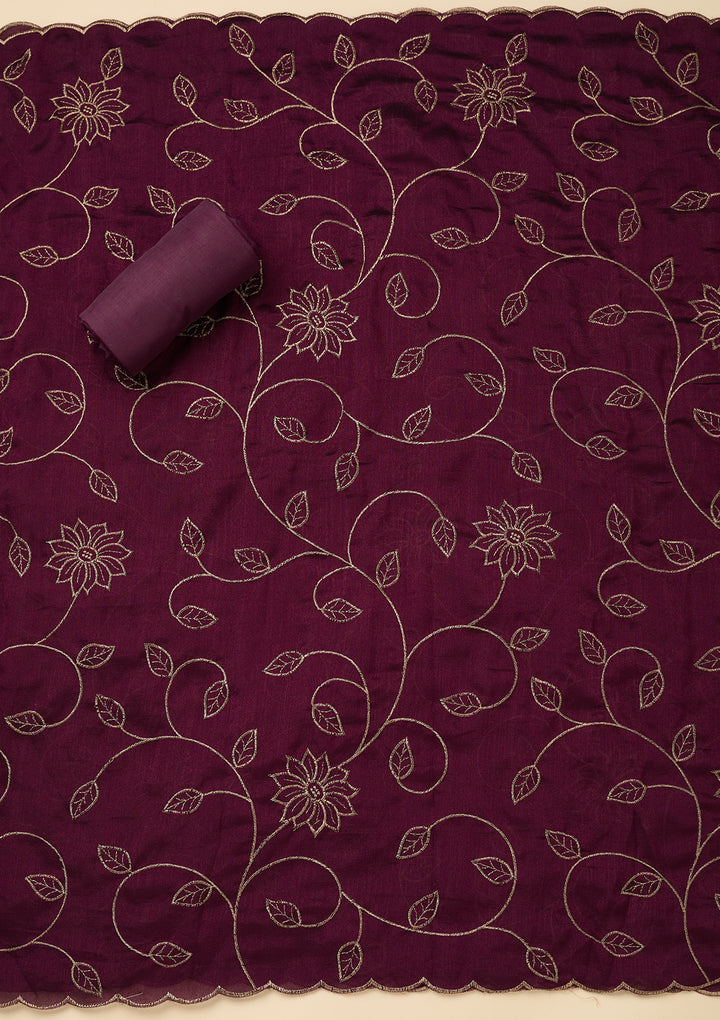 Wine Zariwork (Gold) Soft Raw Silk Unstitched Salwar Suit