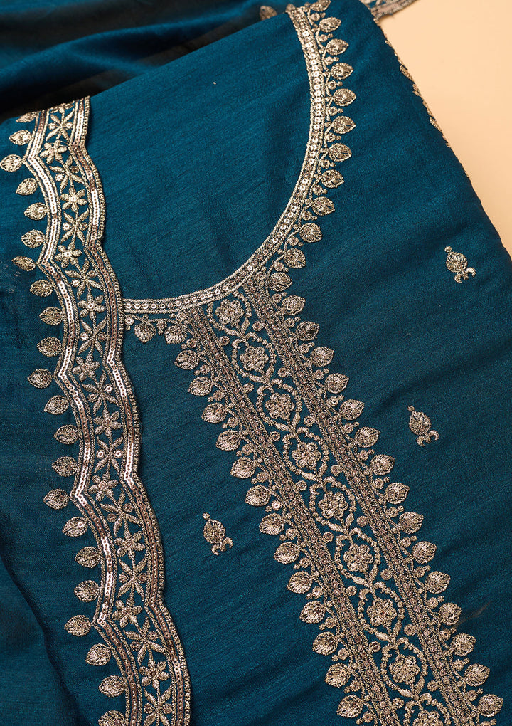 Peacock Blue Georgette Gold Zariwork Unstitched Dress Material With Matching Bottom And Dupatta