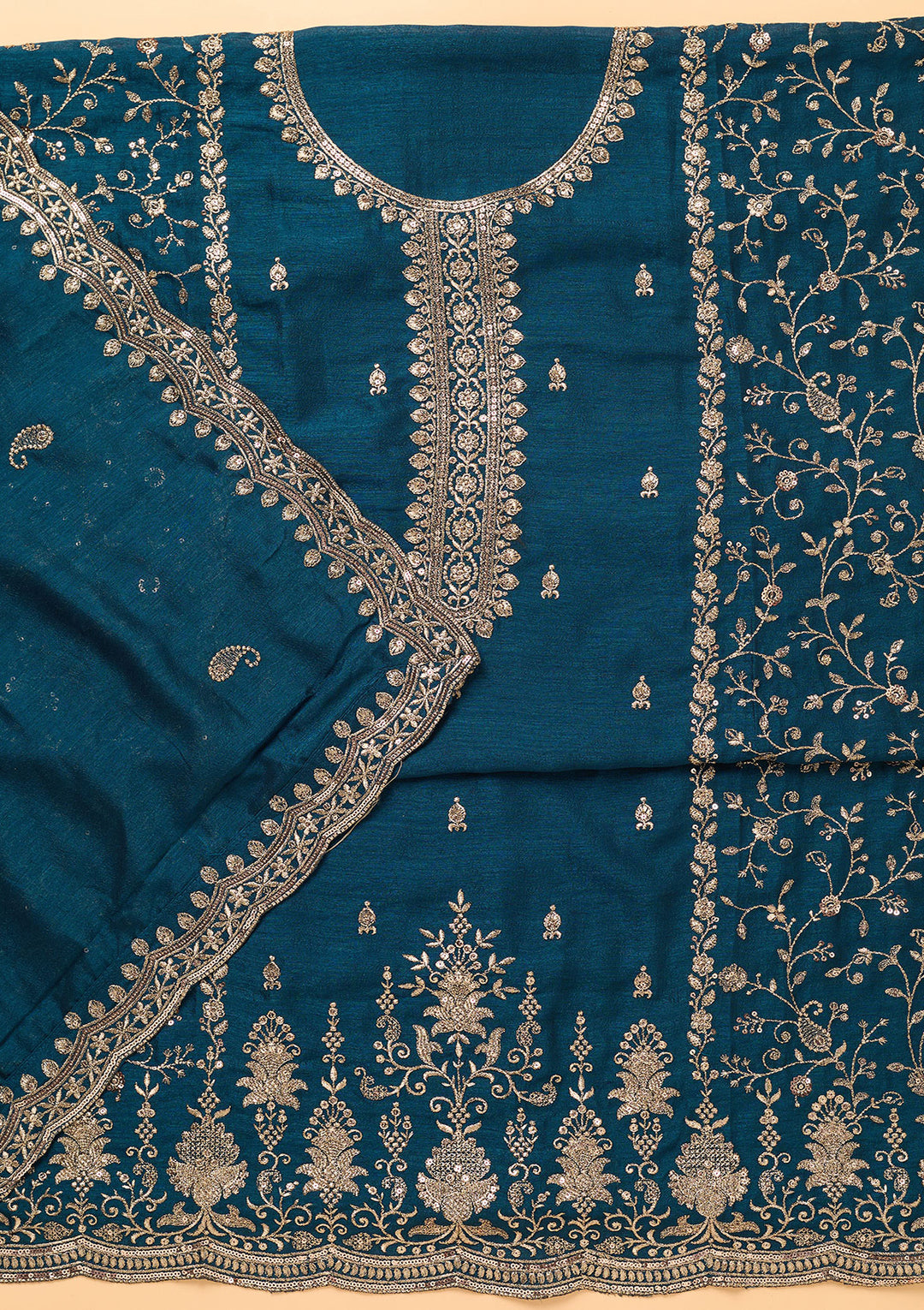 Peacock Blue Georgette Gold Zariwork Unstitched Dress Material With Matching Bottom And Dupatta