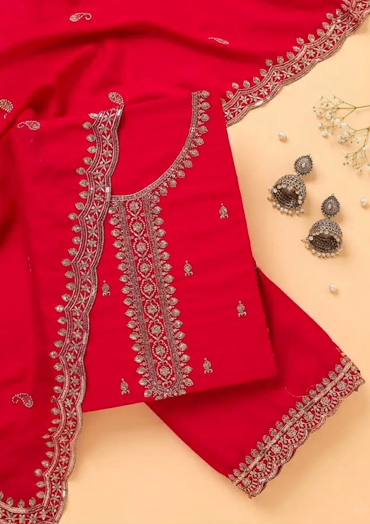 Rani Pink Georgette Gold Zariwork Unstitched Dress Material With Matching Bottom And Dupatta