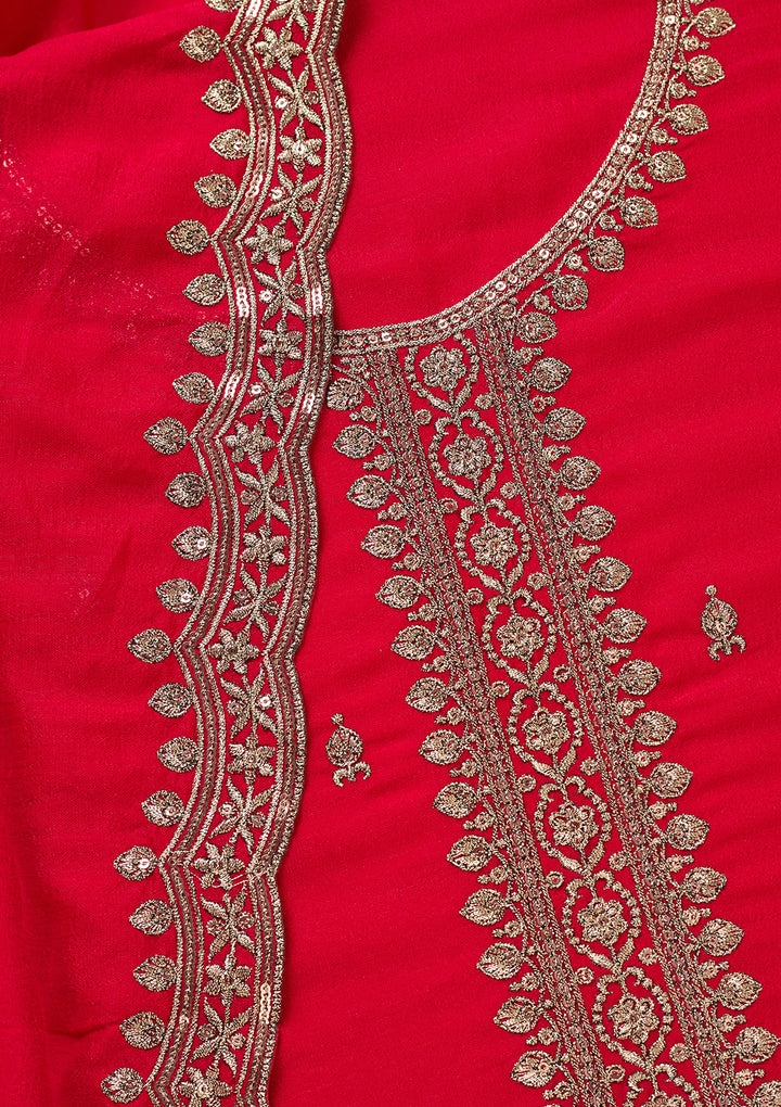 Rani Pink Georgette Gold Zariwork Unstitched Dress Material With Matching Bottom And Dupatta