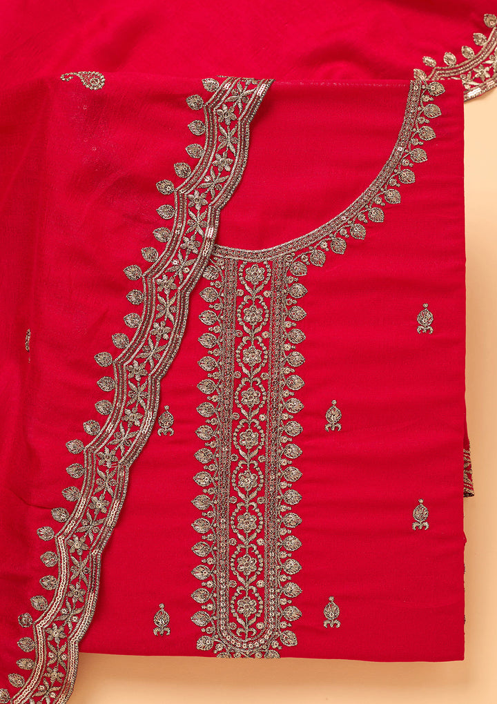 Rani Pink Georgette Gold Zariwork Unstitched Dress Material With Matching Bottom And Dupatta