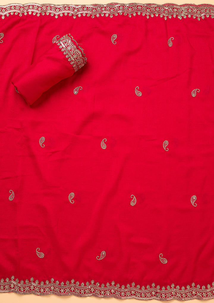 Rani Pink Georgette Gold Zariwork Unstitched Dress Material With Matching Bottom And Dupatta