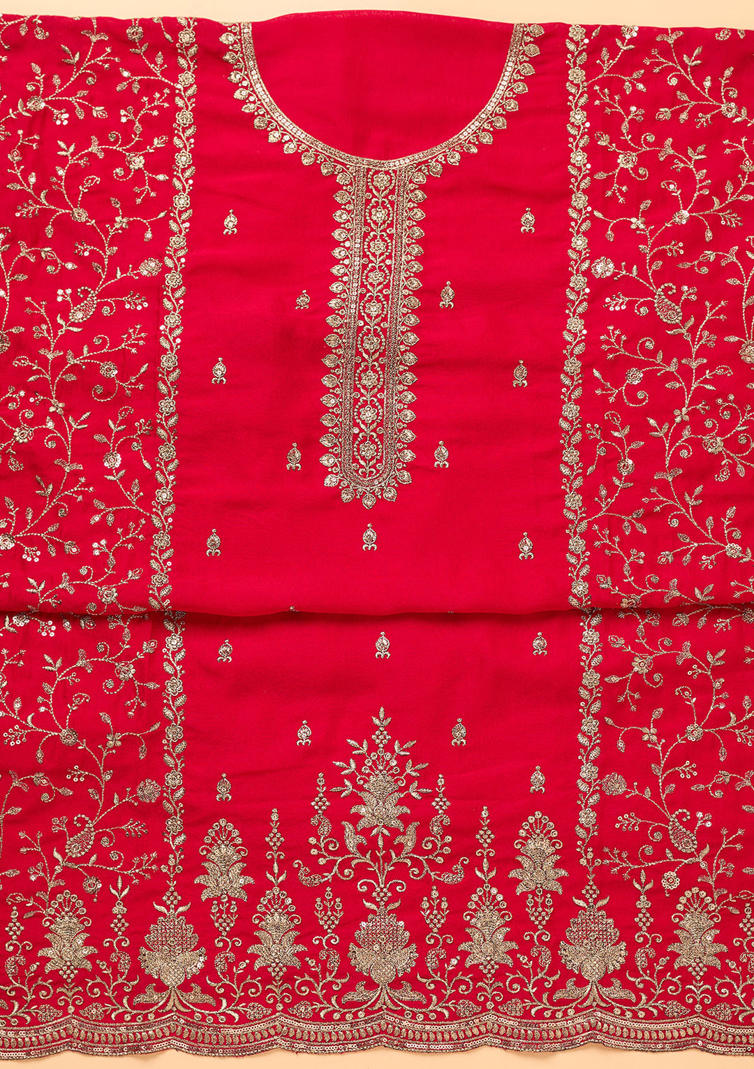 Rani Pink Georgette Gold Zariwork Unstitched Dress Material With Matching Bottom And Dupatta