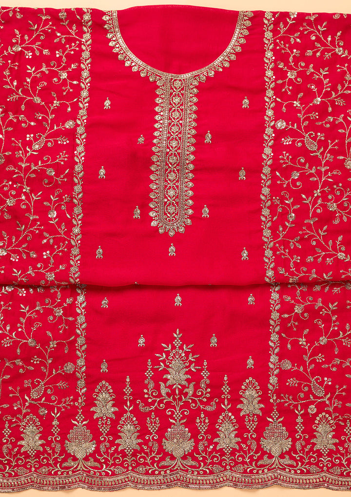 Rani Pink Georgette Gold Zariwork Unstitched Dress Material With Matching Bottom And Dupatta