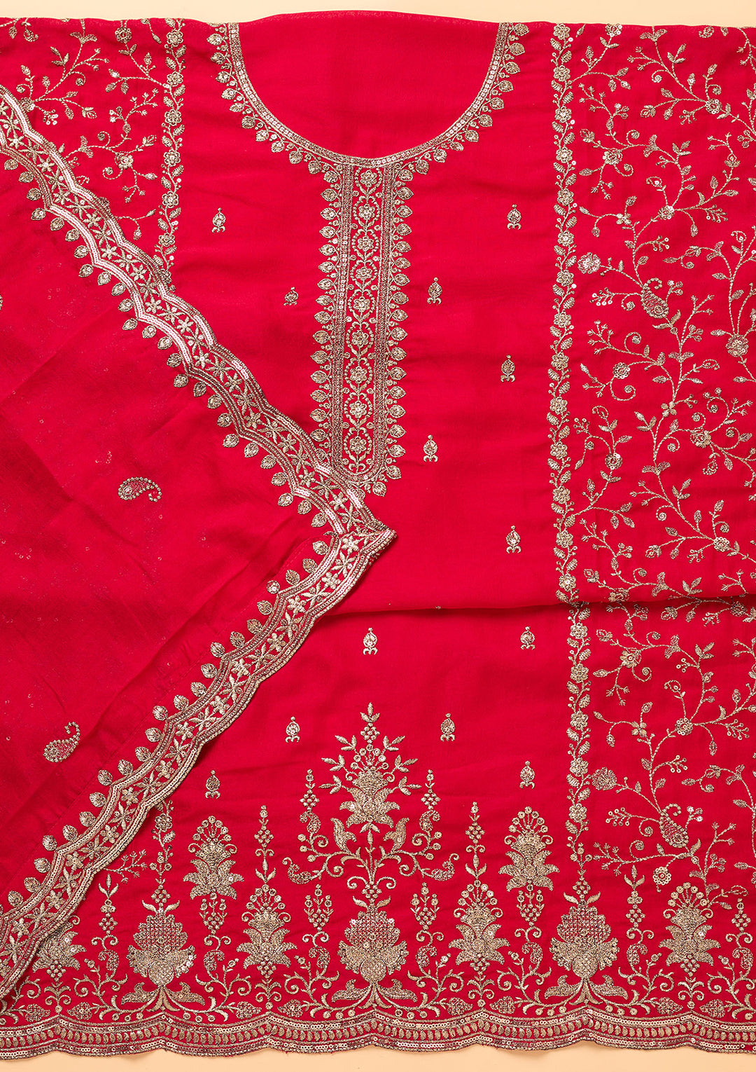 Rani Pink Georgette Gold Zariwork Unstitched Dress Material With Matching Bottom And Dupatta