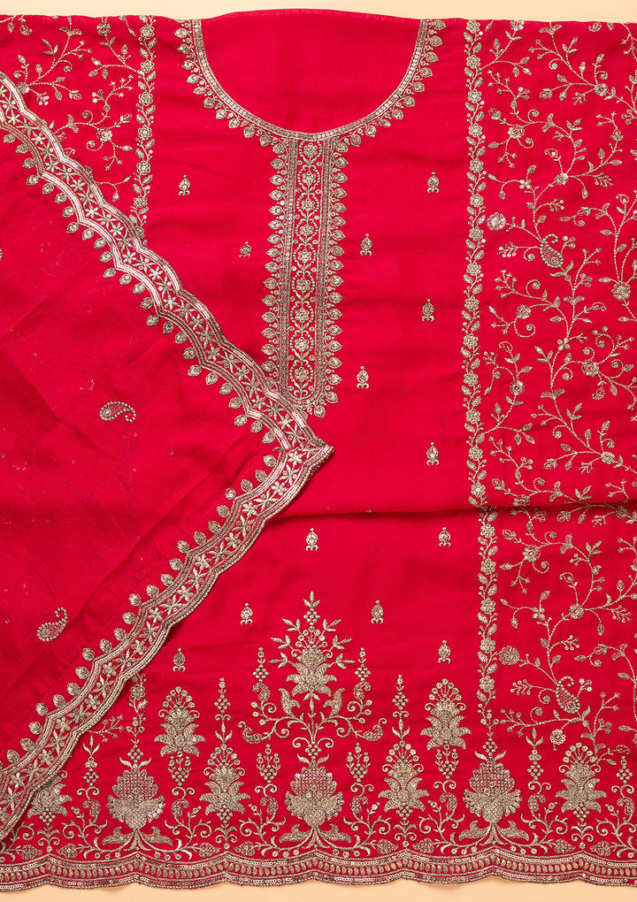 Rani Pink Georgette Gold Zariwork Unstitched Dress Material With Matching Bottom And Dupatta