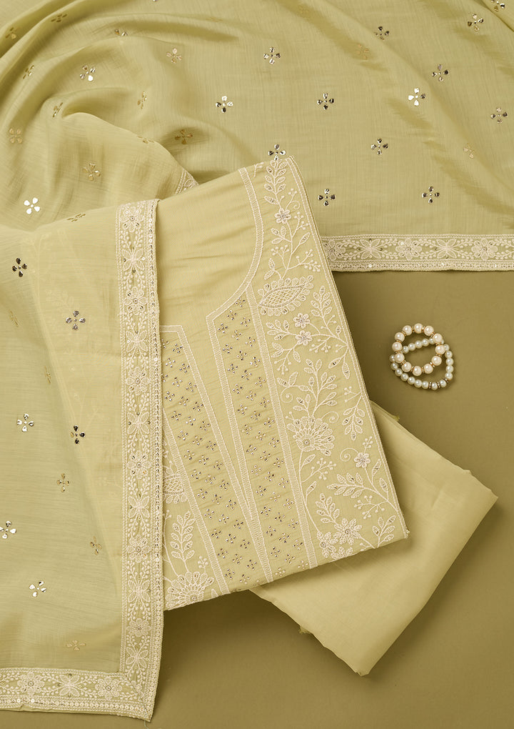 Pista Green Threadwork Cotton Unstitched Salwar Suit