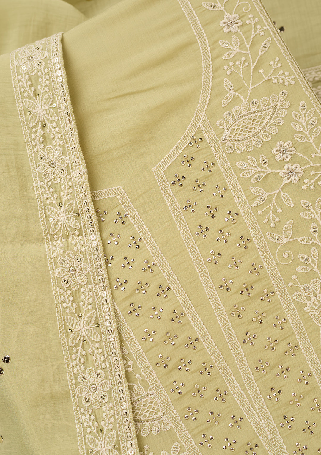 Pista Green Threadwork Cotton Unstitched Salwar Suit