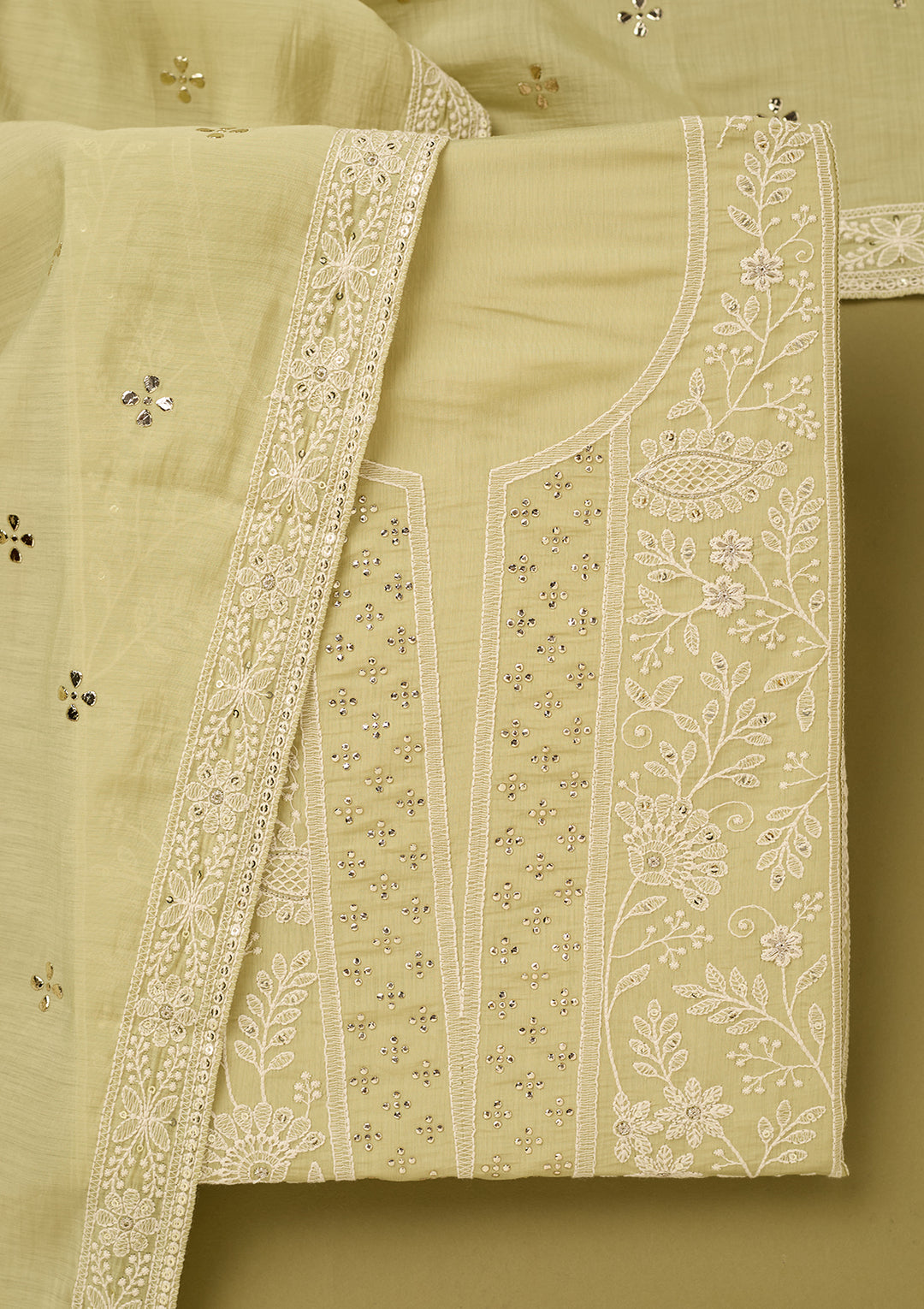 Pista Green Threadwork Cotton Unstitched Salwar Suit
