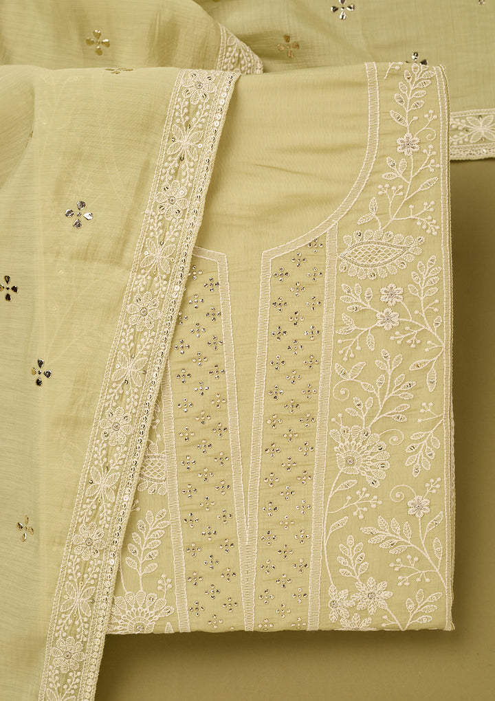 Pista Green Threadwork Cotton Unstitched Salwar Suit