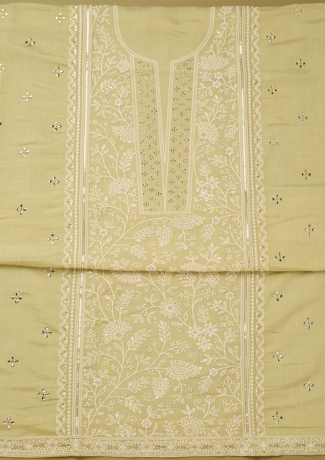 Pista Green Threadwork Cotton Unstitched Salwar Suit