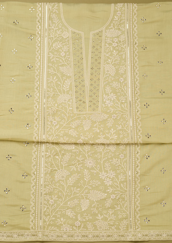 Pista Green Threadwork Cotton Unstitched Salwar Suit