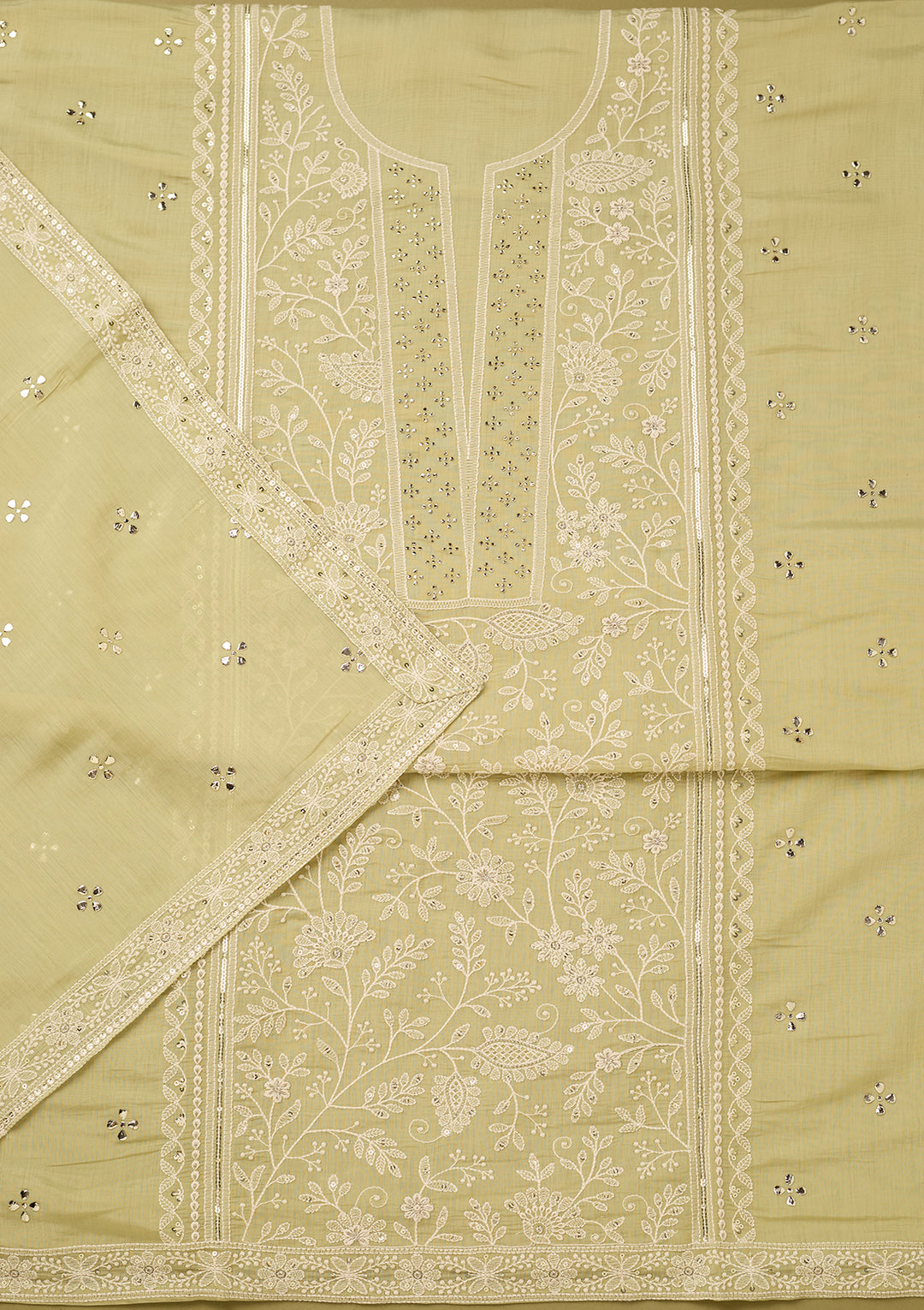 Pista Green Threadwork Cotton Unstitched Salwar Suit