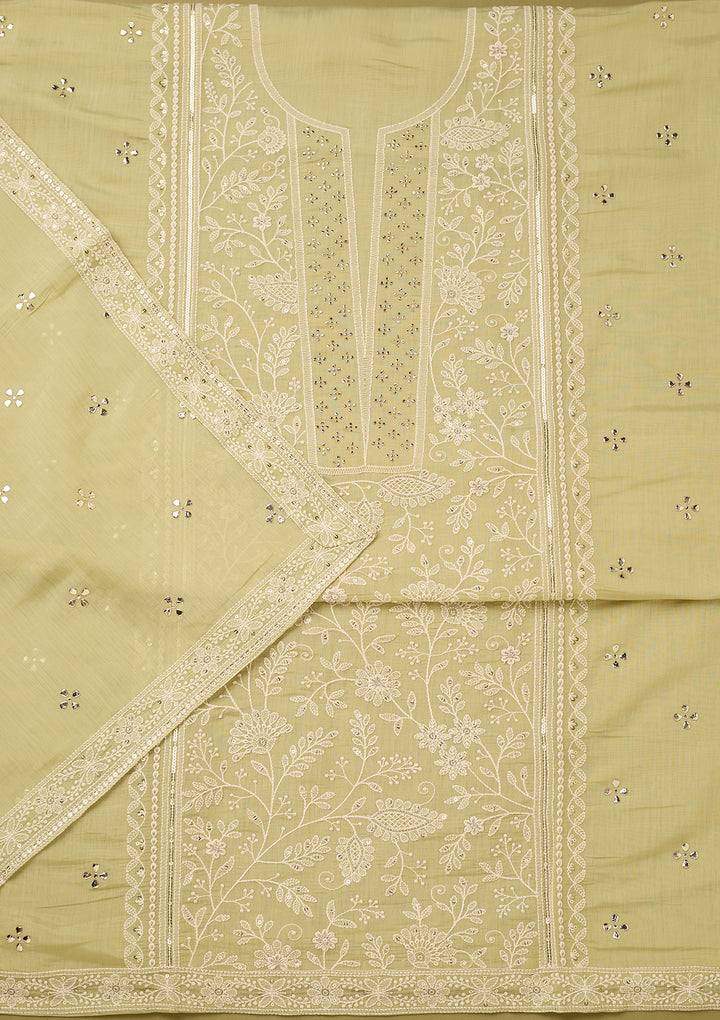 Pista Green Threadwork Cotton Unstitched Salwar Suit