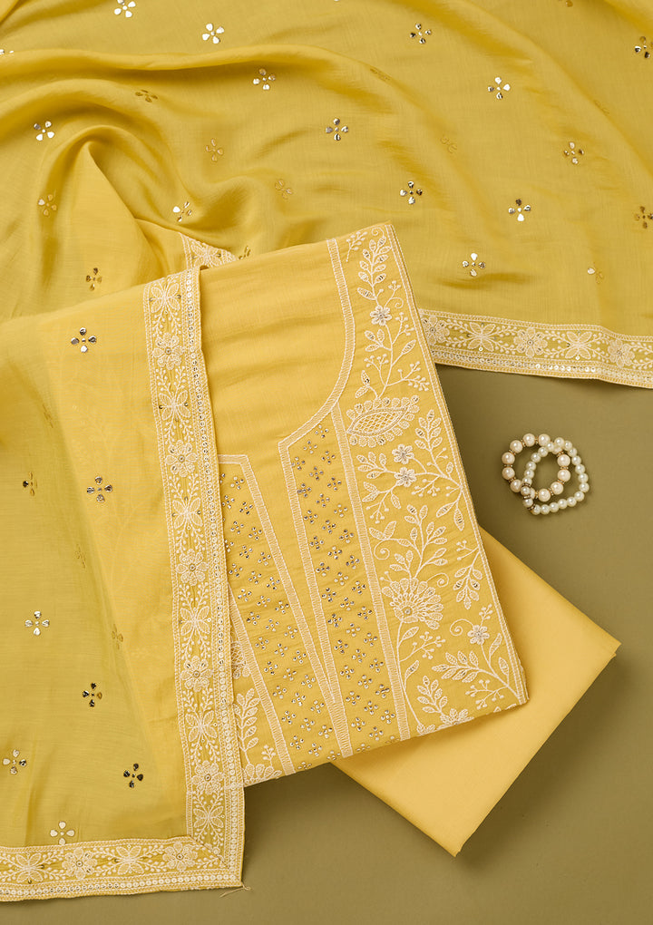 Yellow Threadwork Cotton Unstitched Salwar Suit