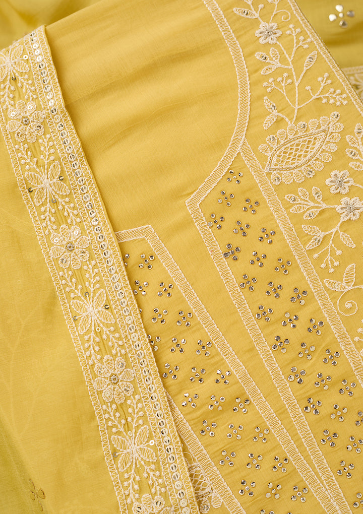 Yellow Threadwork Cotton Unstitched Salwar Suit