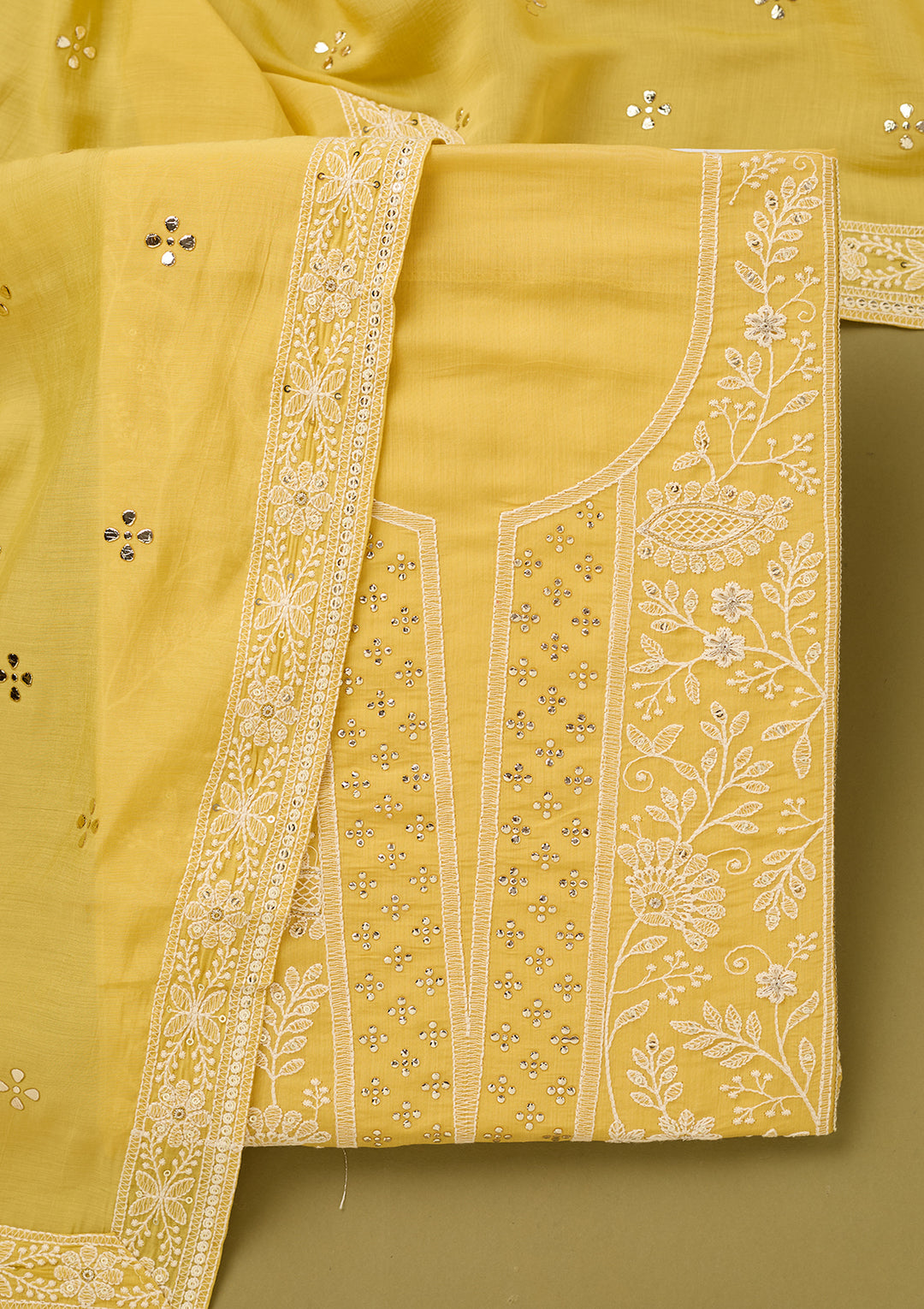 Yellow Threadwork Cotton Unstitched Salwar Suit