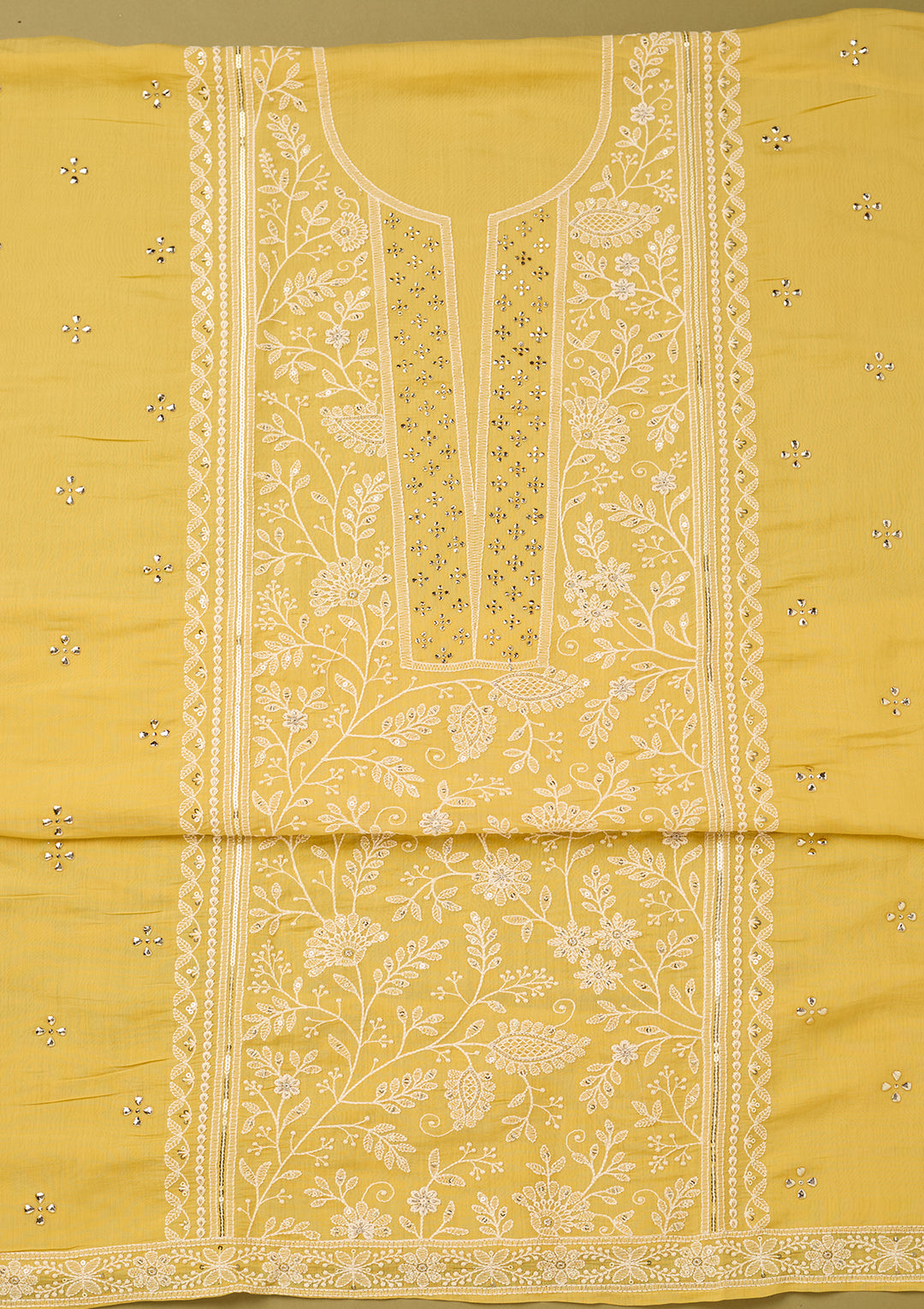 Yellow Threadwork Cotton Unstitched Salwar Suit