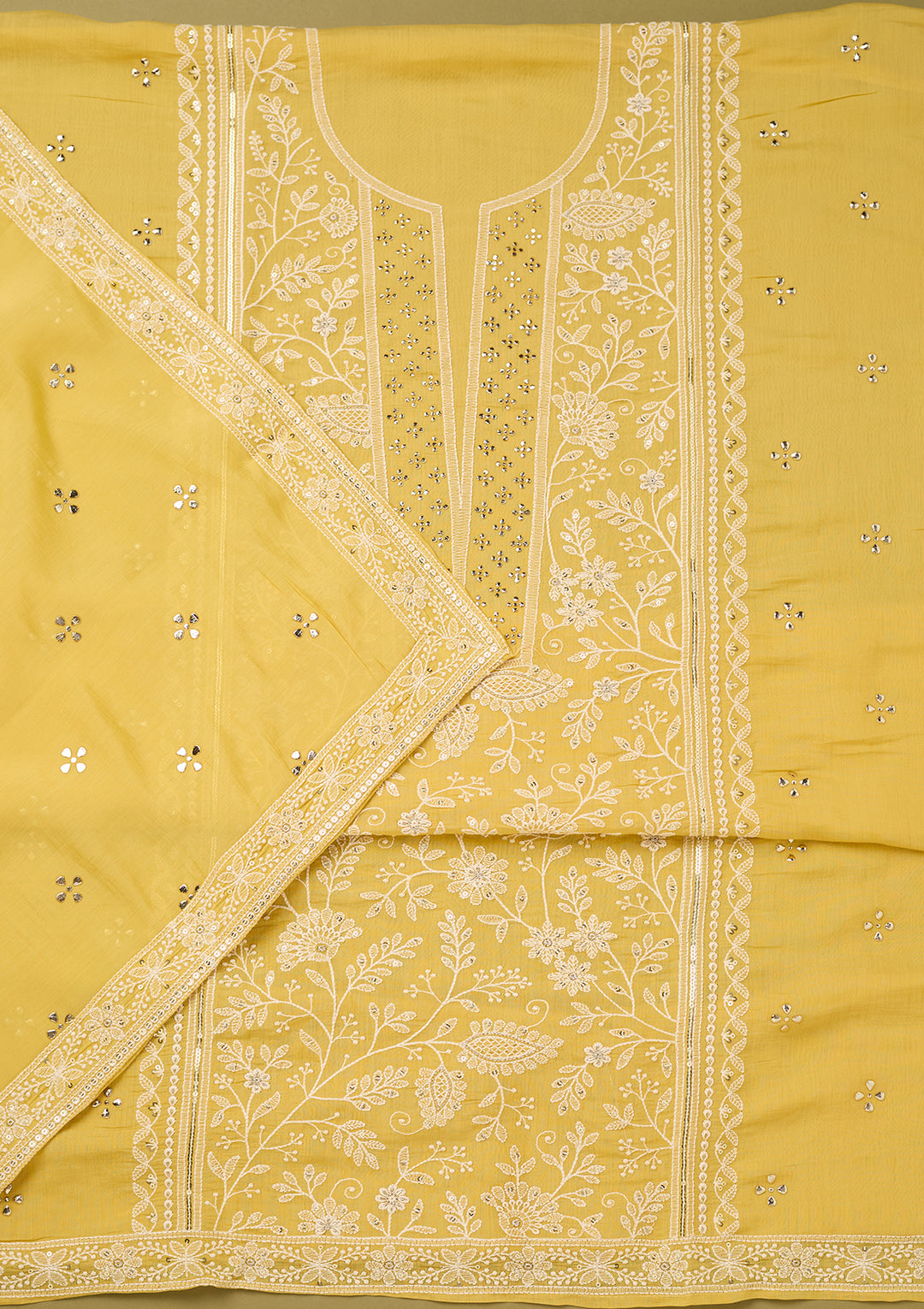 Yellow Threadwork Cotton Unstitched Salwar Suit