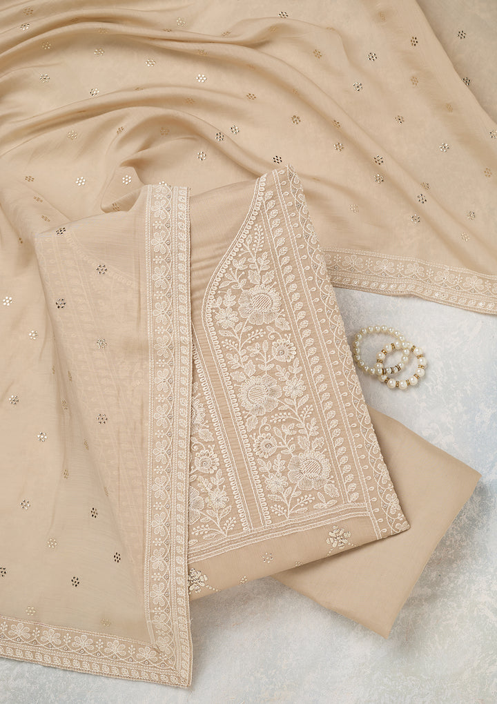 Brown Threadwork Cotton Unstitched Salwar Suit