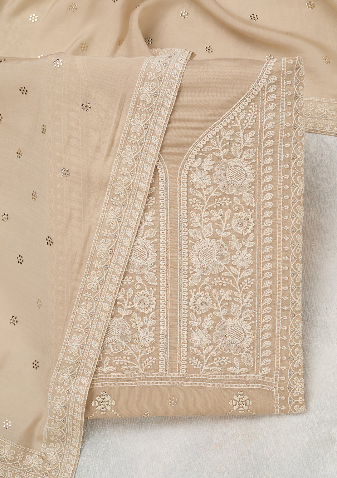 Brown Threadwork Cotton Unstitched Salwar Suit