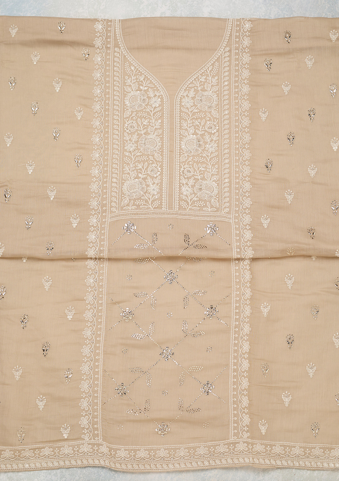 Brown Threadwork Cotton Unstitched Salwar Suit