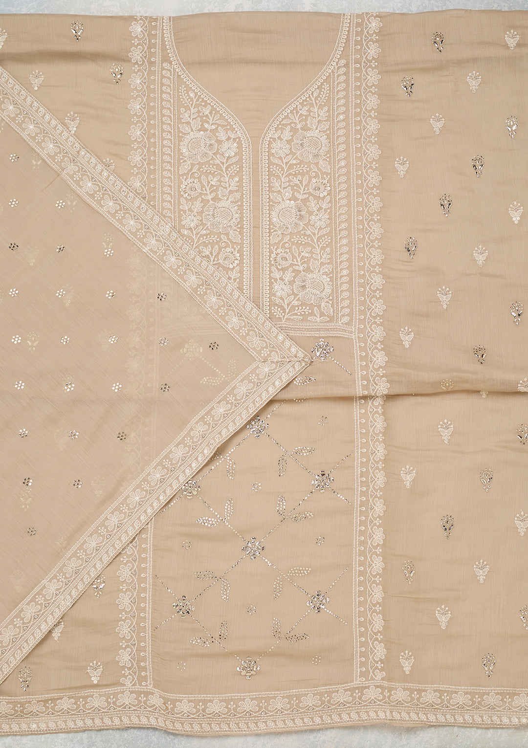 Brown Threadwork Cotton Unstitched Salwar Suit