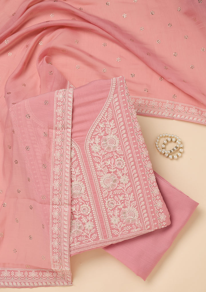 Pink Threadwork Cotton Unstitched Salwar Suit