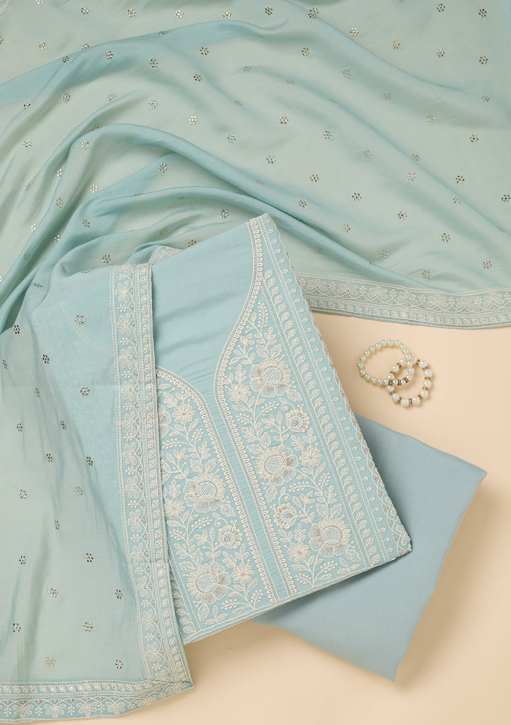 Sky Blue Threadwork Cotton Unstitched Salwar Suit