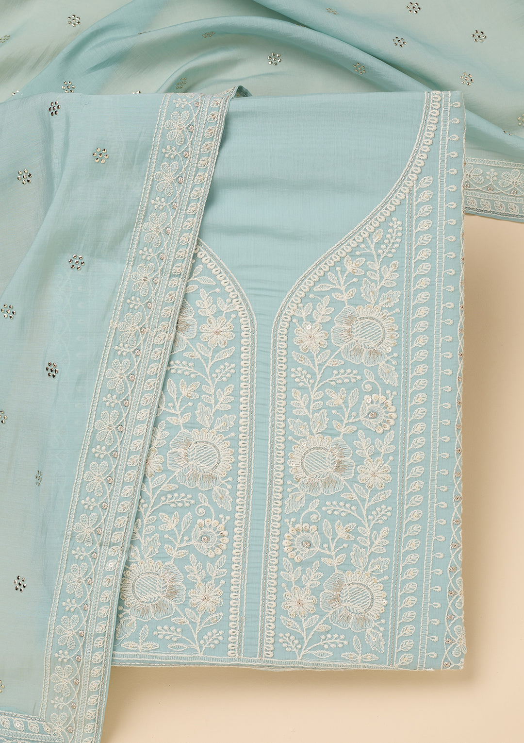 Sky Blue Threadwork Cotton Unstitched Salwar Suit