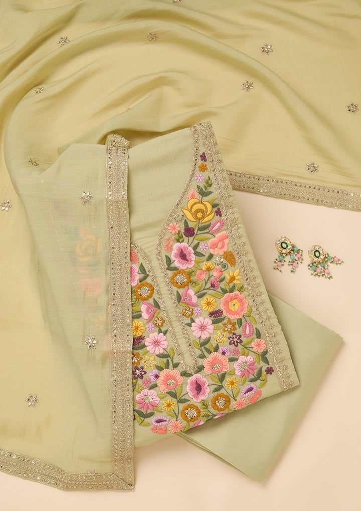 Pista Green Threadwork Cotton Unstitched Salwar Suit