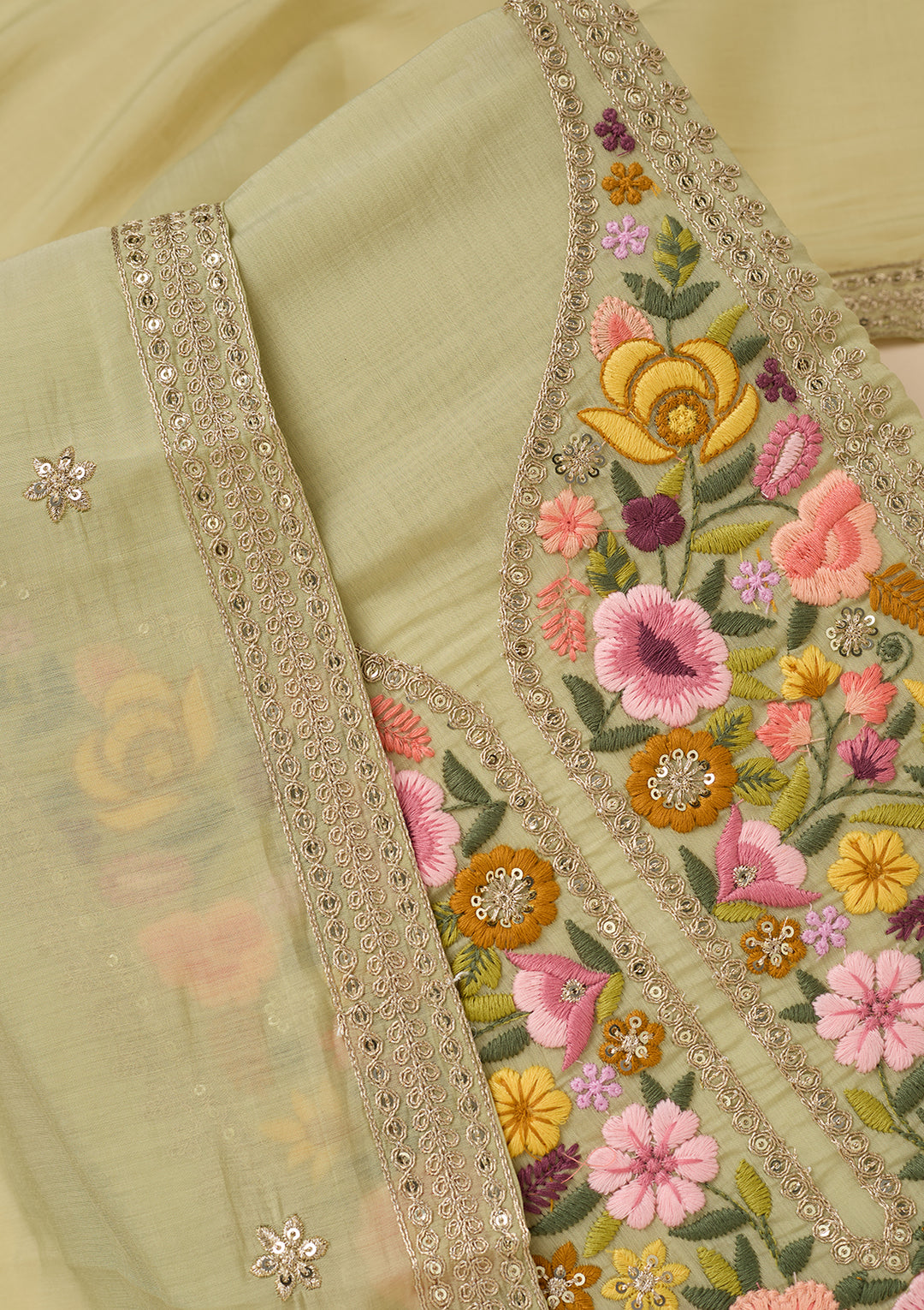 Pista Green Threadwork Cotton Unstitched Salwar Suit