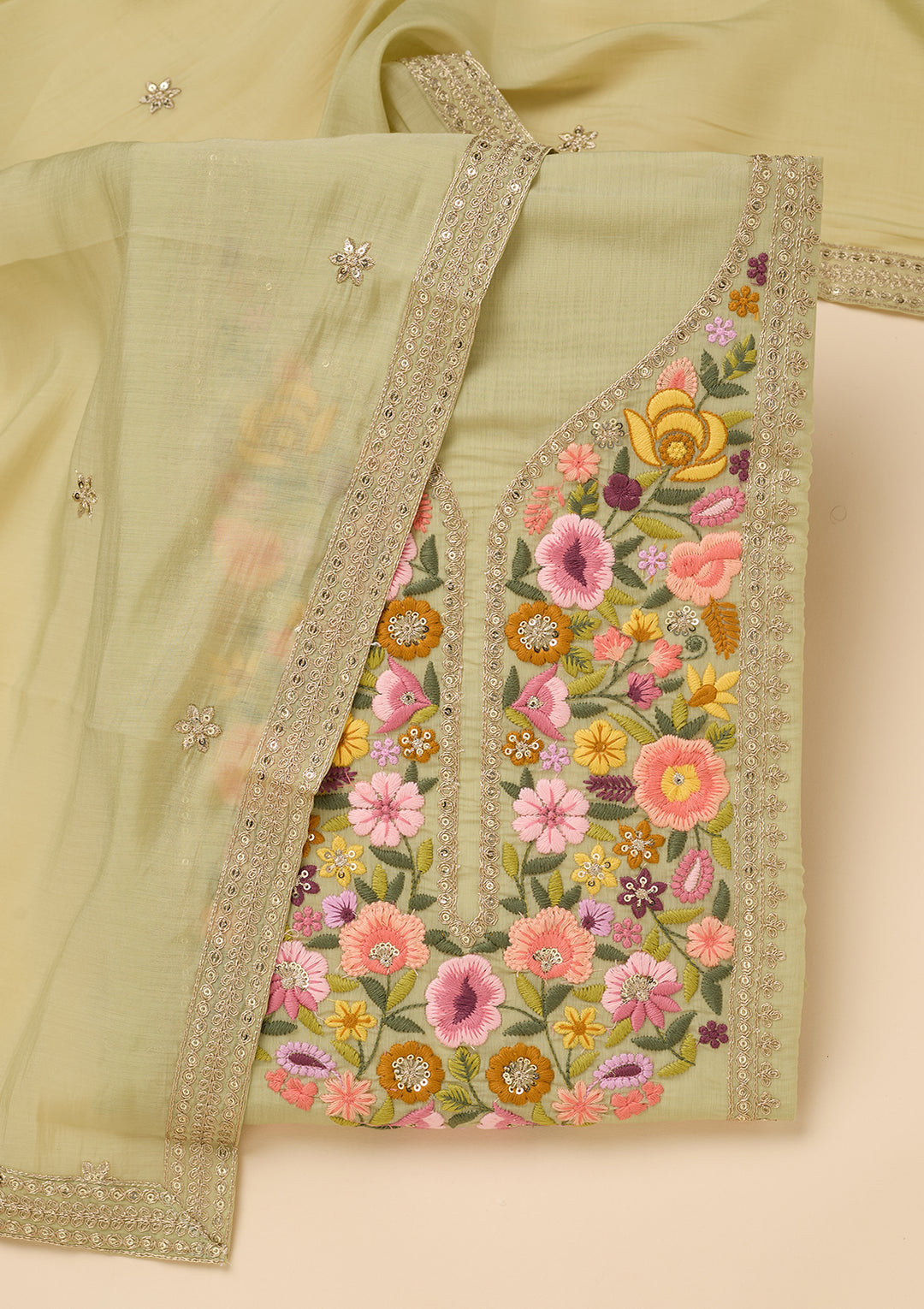 Pista Green Threadwork Cotton Unstitched Salwar Suit