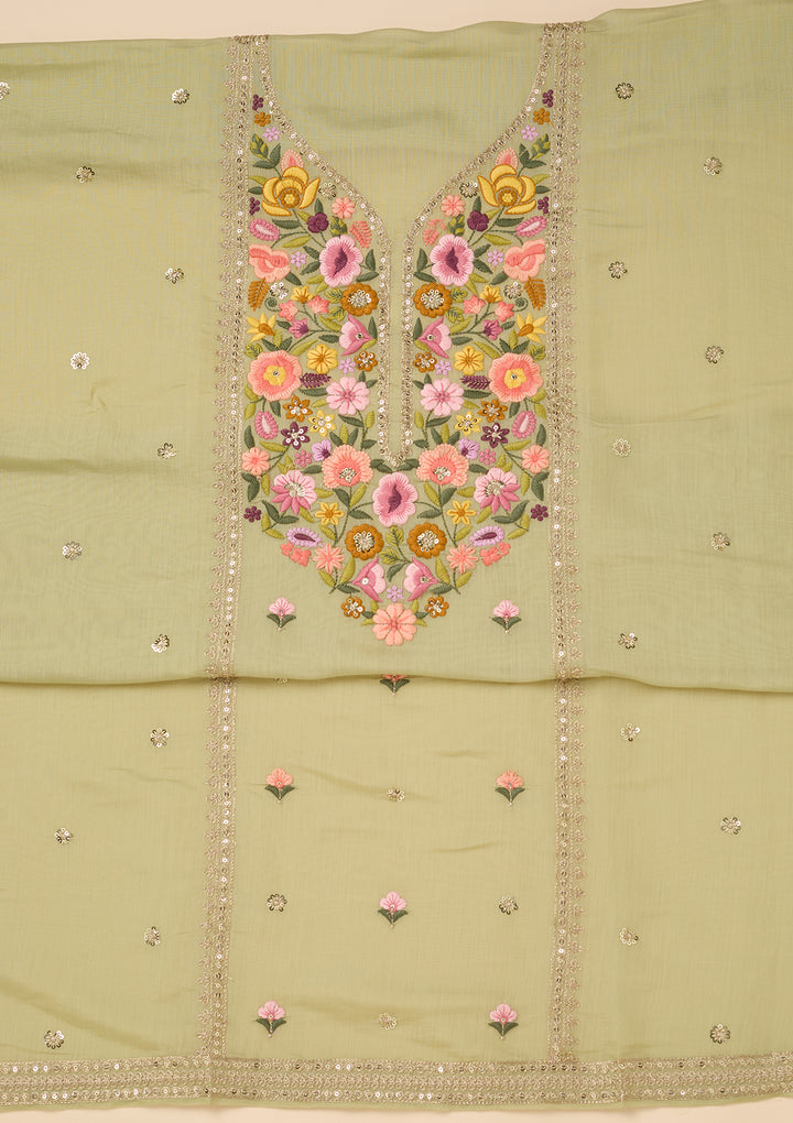 Pista Green Threadwork Cotton Unstitched Salwar Suit