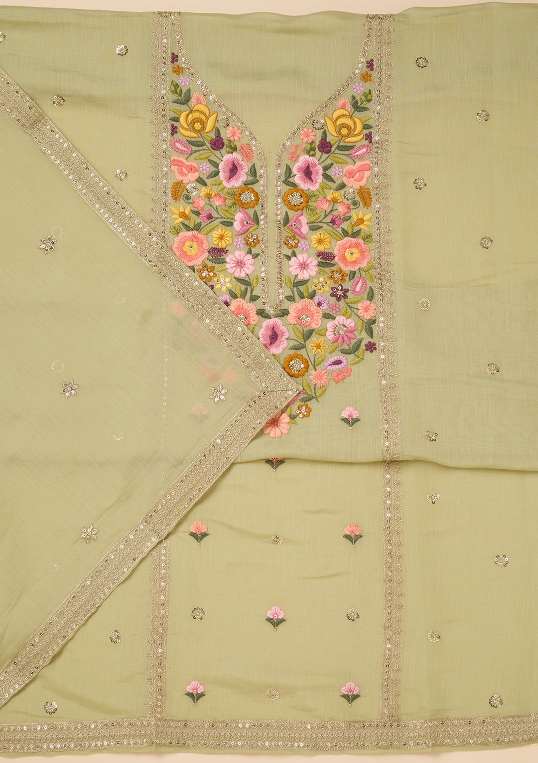 Pista Green Threadwork Cotton Unstitched Salwar Suit