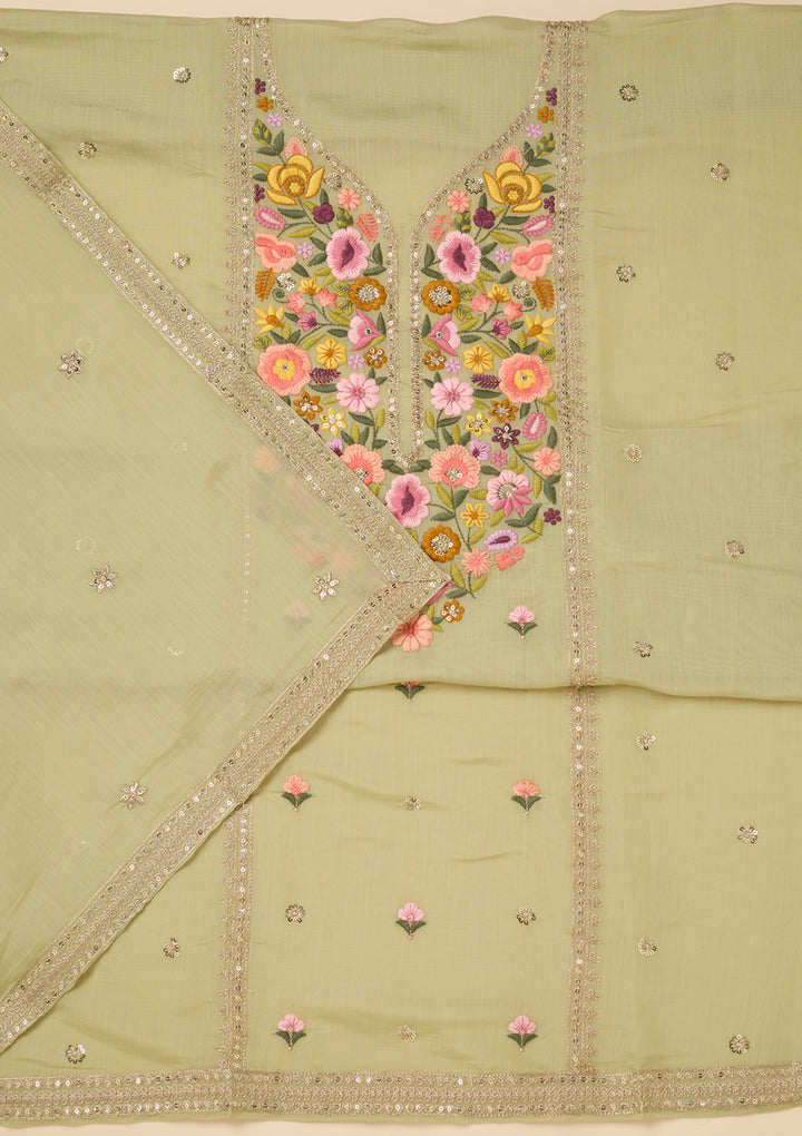 Pista Green Threadwork Cotton Unstitched Salwar Suit