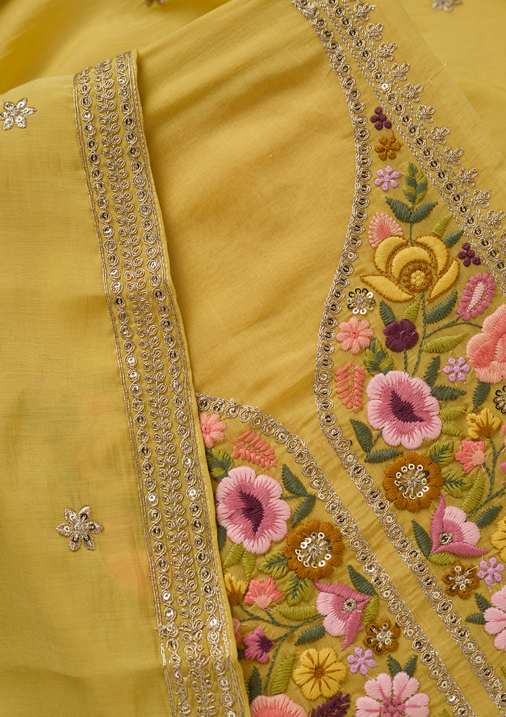 Yellow Threadwork Cotton Unstitched Salwar Suit